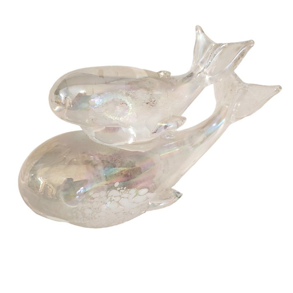 Rare Double Whale Glass Paperweight VTG Iridescent Mother & Child Unusual Gift